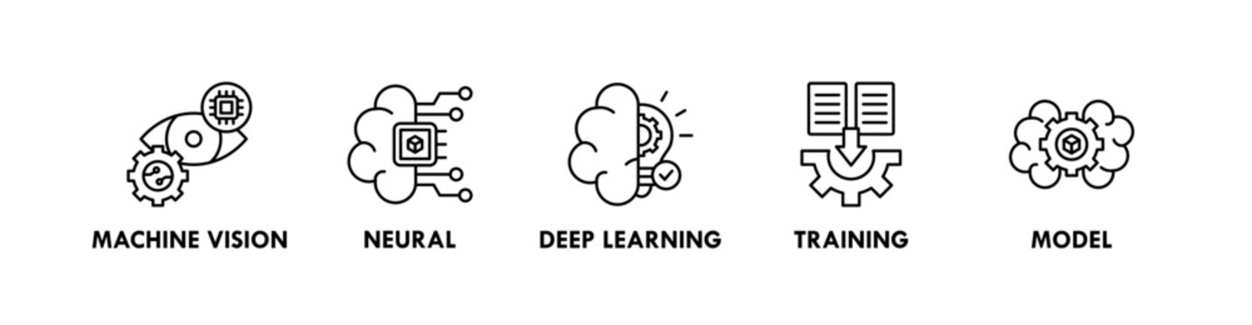 Machine Learning banner web icon illustration concept with icon of machine vision, neural, deep learning, training, and model