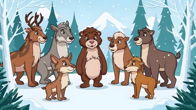 A group of cartoon forest animals, including deer, a bear, and wolf-like creatures, standing together in a snowy winter landscape with pine trees and mountains.
