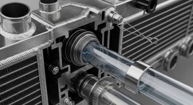 Detailed cross-section of a modern industrial radiator system showcasing intricate mechanical components and fluid flow.
