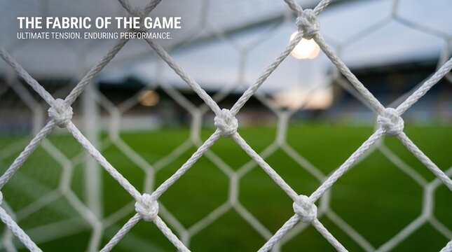 Close up of a soccer goal net with a blurred green field and stadium lights in the background