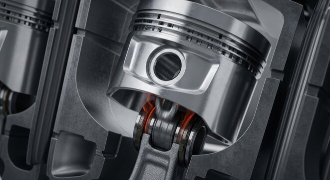 Detailed cross-section of an internal combustion engine piston and connecting rod mechanism.
