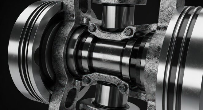 Detailed cross-section of an internal combustion engines crankshaft and pistons.