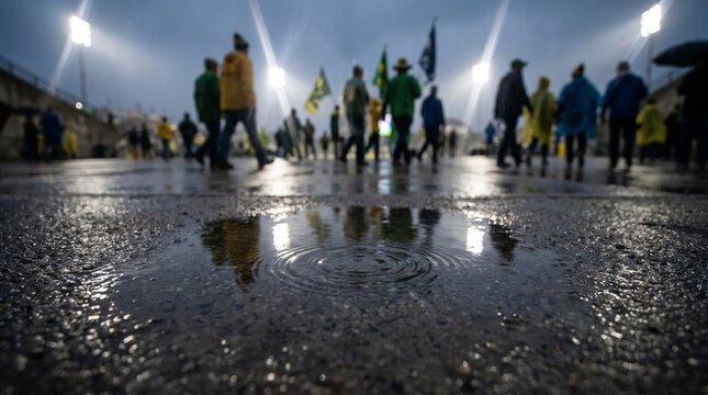 Crowd walking on wet pavement under stadium lights in the rain