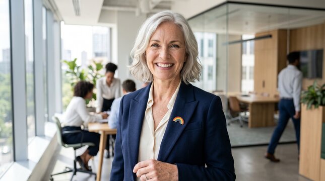 Smiling confident businesswoman with rainbow pin in modern office meeting room