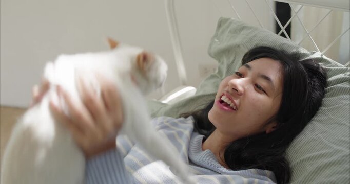 Asian woman lies on a tidy bed ,lifts white cat toward playing, sunlit Warm late afternoon light, Rest, relaxation, good mood concept