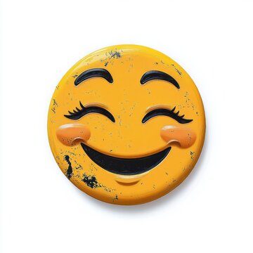 round yellow smiling face with closed eyes long eyelashes blushing cheeks and distressed painted texture on white background conveying joyful playful bashful emotion