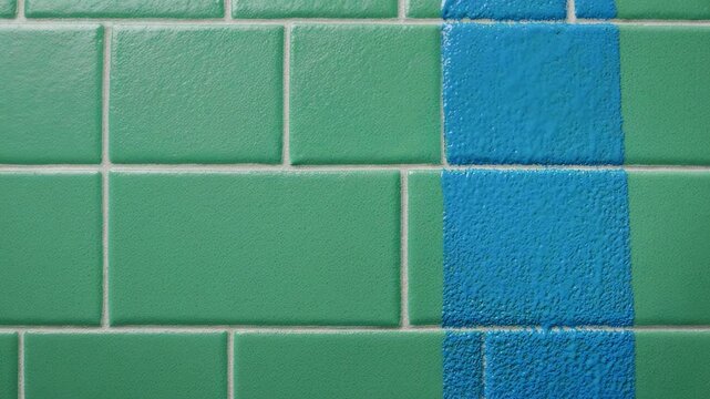 Painting Green Ceramic Tiles with Blue Paint Using a Roller, Home Renovation Close-up