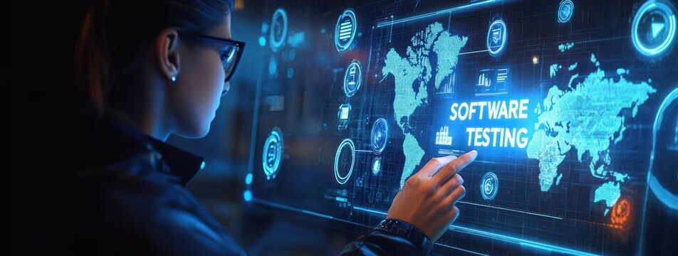 focused person interacting with a large blue holographic touchscreen showing world maps, digital icons and the label software testing conveying concentration and determination