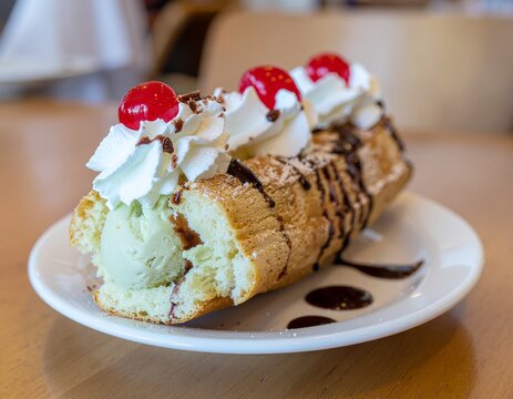 Homemade Banana Split with Vanilla and Strawberry Ice Cream 