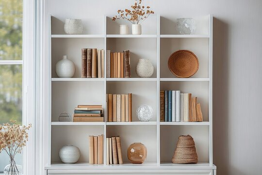 white cubby bookshelf with neatly arranged books, ceramic vases, glass orbs, woven basket and dried flowers by a window, creating a calm cozy neutral minimalist interior