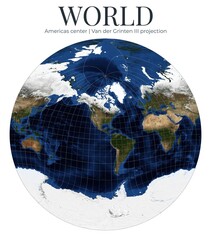 Fototapeta premium World Map in Van der Grinten III projection. High-detail physical map of Earth. Americas centered view. April View. Elements of this image furnished by NASA.