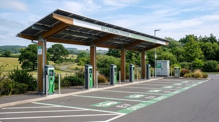 Fototapeta premium Electric Vehicle Charging Station with Solar Canopy in a Rural Landscape.