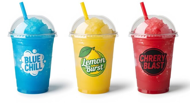 Three colorful refreshing frozen slushy drinks in plastic cups with straws: Blue Chill, Lemon Burst, and Cherry Blast flavors.