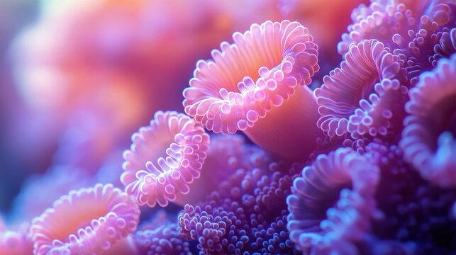 serene dreamy close-up of glowing pink and purple coral polyps with delicate frilled tentacles