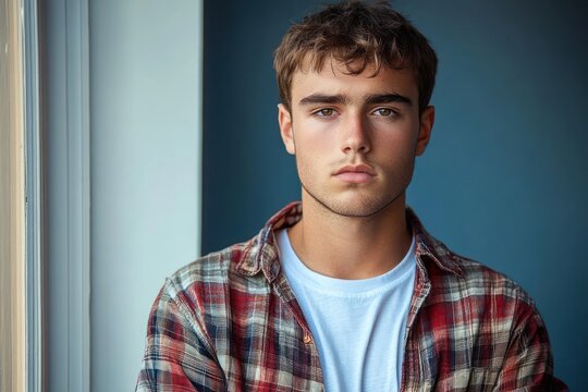 man standing by window wearing red plaid shirt over white t-shirt against blue wall in soft natural light, calm and contemplative mood