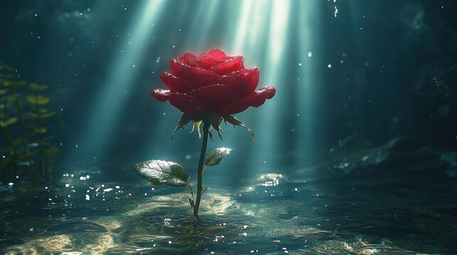 Solitary red rose rising from shimmering water under soft sunbeams, dewy petals and gentle ripples evoke a serene, magical feeling