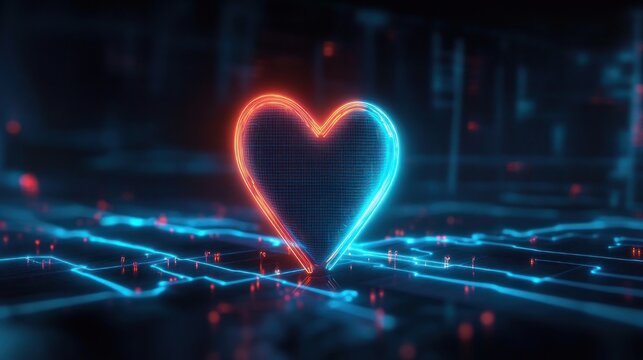 glowing neon holographic heart split red and blue above a luminous digital circuit grid, evoking futuristic romance and connection