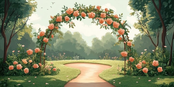 Sunlit rose-covered archway over a winding garden path, lush grass and trees framing a peaceful, romantic meadow with scattered petals and distant birds