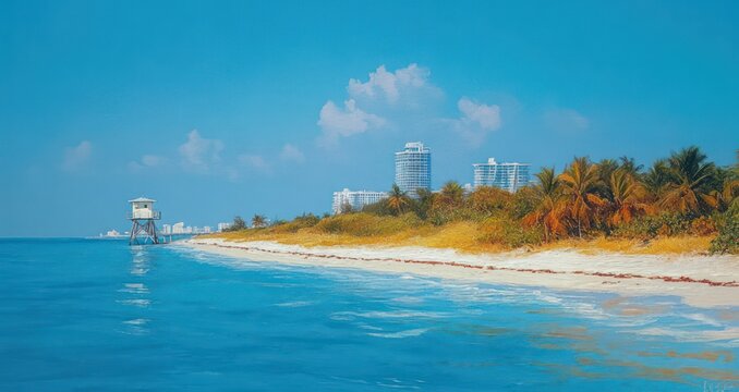 tranquil tropical beach with turquoise sea, sandy shore, palm trees, distant white towers and a lone lifeguard tower under a bright blue sky