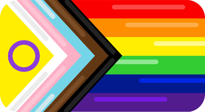 Rounded progress pride flag icon, modern design representing intersectionality and inclusivity, vibrant digital graphic
