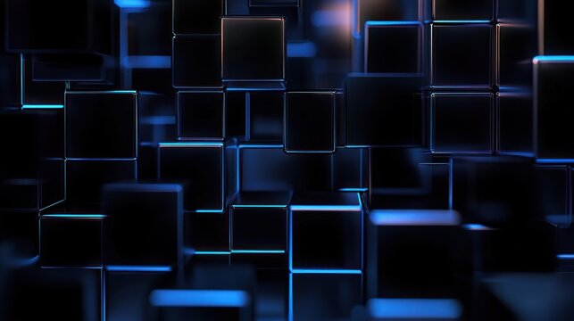 Mysterious field of glossy black glass cubes with glowing blue and amber edges stacked and floating in a moody futuristic grid