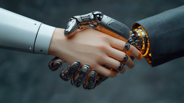 Close-up of a human hand in a white cuff shaking a polished metallic robotic hand with exposed golden joint and suit sleeve, conveying cooperation and trust