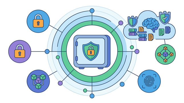 Digital security shield with icons.
