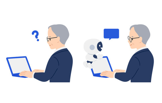 AI･チャットボットで疑問を解決するビジネスパーソン男性のセット【人物ベクターイラスト素材】