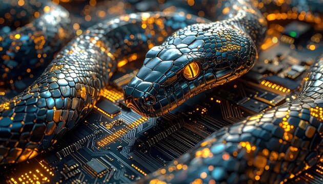 Futuristic Snake with Glowing Eyes and Circuitry.