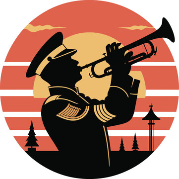 Silhouette of a bugler playing taps at sunset in a round frame veteran's day tribute.