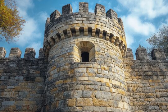 majestic weathered stone castle tower and crenelated wall under blue sky with clouds and surrounding trees, conveying strength and history