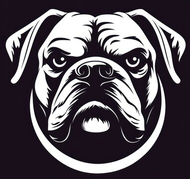 high-contrast monochrome bulldog head portrait with wrinkled forehead, droopy ears, pronounced jowls and stern intense expression inside circular frame