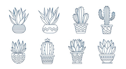 Fototapeta premium Collection of various potted cacti and succulents in a minimalist line art style.