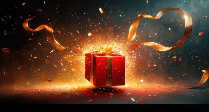 red gift box with golden ribbon exploding in a shower of sparks and confetti, curling ribbons forming a heart shape, glowing festive surprise and joyful celebration