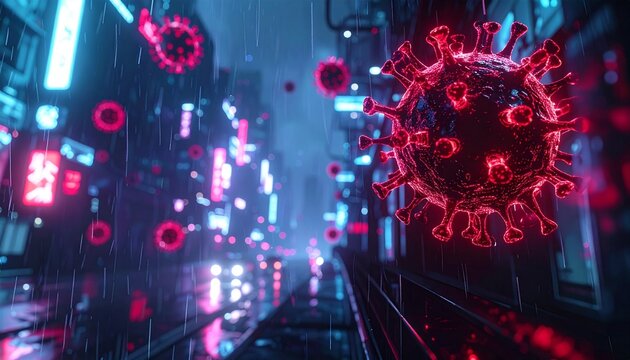 A dark sci-fi city under lockdown due to a mutated hantavirus strain, neon rain, dystopian mood