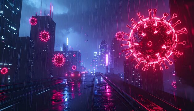 A dark sci-fi city under lockdown due to a mutated hantavirus strain, neon rain, dystopian mood
