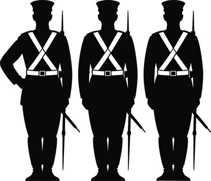 Three soldier silhouettes in uniform with rifles standing at attention black and white.