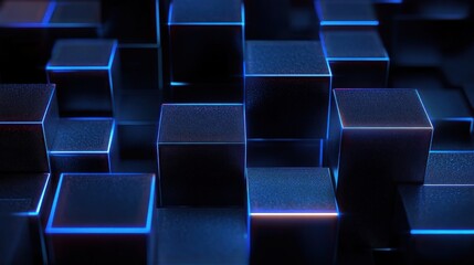 dark metallic 3d cubes with glowing blue edges in a futuristic grid, sleek and moody high-tech abstract composition