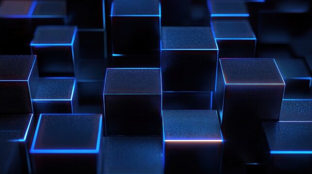 dark metallic 3d cubes with glowing blue edges in a futuristic grid, sleek and moody high-tech abstract composition