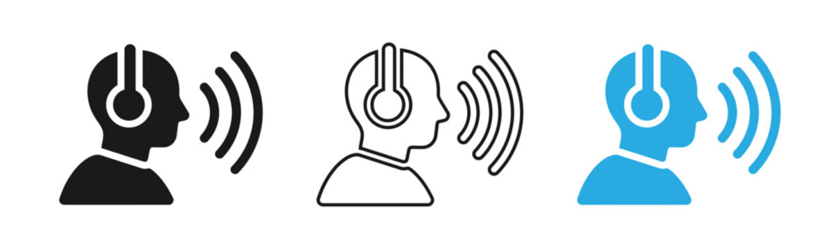 Communication icon set podcast host voice recording and speech broadcasting in multiple styles