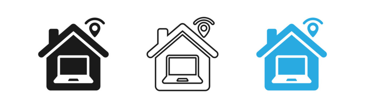 Smart home technology icons set black outline and blue filled versions