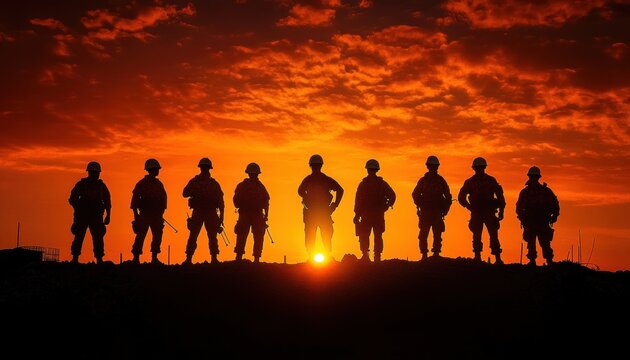 Silhouetted soldiers wearing helmets and carrying rifles stand in a line on a ridge against a fiery orange sunset, evoking unity, vigilance and resolve