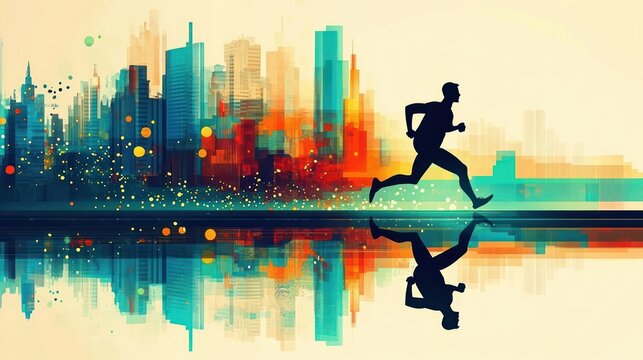 Silhouette of a runner sprinting along a reflective water surface with a vibrant abstract city skyline and colorful light bursts, conveying energy and determination