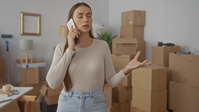 Woman holds smartphone to ear among stacked moving boxes in an apartment building, gesturing with free hand; relocation concern.