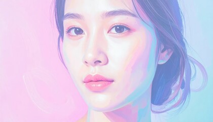 Fototapeta premium Soft Pastel Young Woman Gazing Forward in Dreamy Studio Portrait