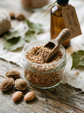 Ground apricot kernel scrub in glass jar with wooden scoop beside amber oil bottle and apricot seeds on rustic linen and weathered wood