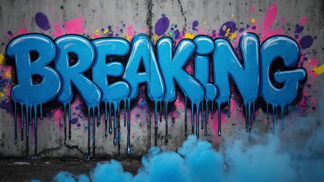 Vibrant Blue Graffiti Text Breaking on Concrete Wall with Smoke Effect