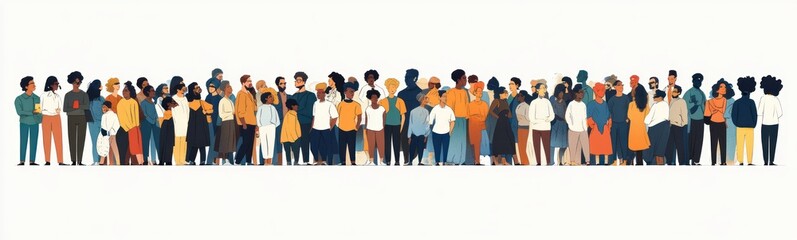 Fototapeta premium Long panoramic illustration of a diverse crowd of people — men, women and children with varied skin tones, ages, hairstyles and colorful casual clothing standing together, friendly and connected