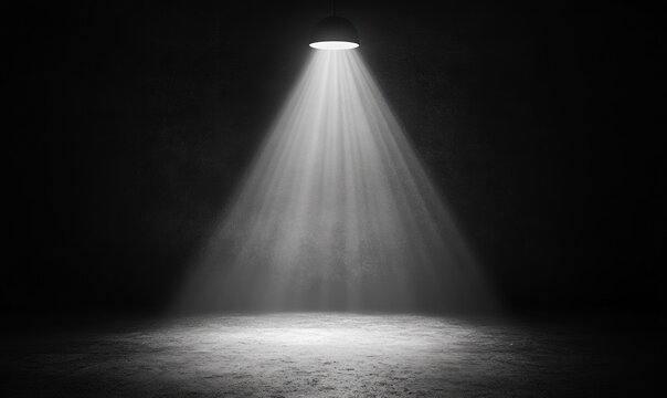 single overhead lamp casting a dramatic cone of light onto a textured concrete floor in a dark empty room, evoking isolation and suspense