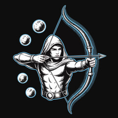 Hooded archer aiming bow and arrow. © Tata